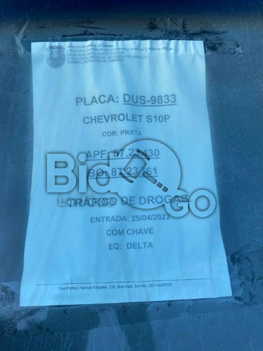 LOTE 009 - Espécie: ESPECIAL / Marca: GM / Modelo: S10 ADVANTAGE D / Placa: DUS9833 / UF: PR / Município: Capitão Leônidas Marques / Ano fabricação: 2007 / Ano modelo: 2007 / Cor: PRATA / Chassi: 9BG138HU08C408628 / Motor: N80007292 / RENAVAM: 00929513487