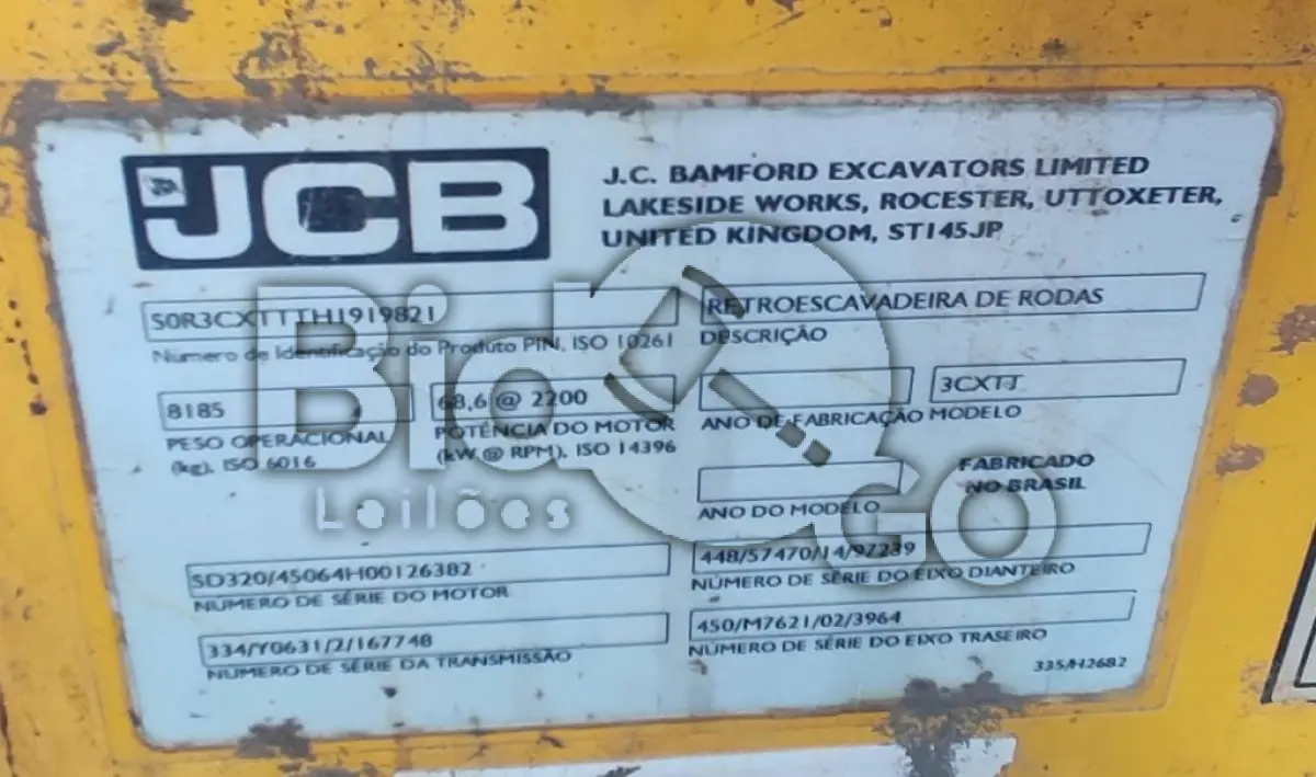 LOTE 012 - Retro Escavadeira JCB, Fabricação: 2019, modelo: 3CXTT